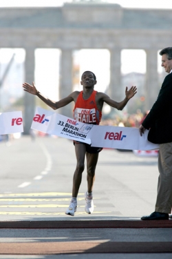 Haile Gebrselassie, seen here winning Berlin, will run Fukuoka. © Victah Sailer