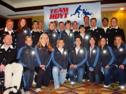 Dick and Rick and their team of runners the night before the Boston Marathon. © Courtesy of Team Hoyt/Bob Starnes