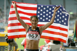 Kara Goucher, seen here after taking bronze in Osaka, won her debut half marathon. © www.photorun.net