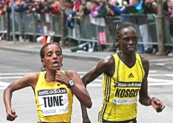 Dire Tune (left) and Salina Kosgei less than 100 feet from their dramatic marathon finish. © Courtesy of Aisling Gilliland