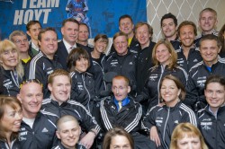 The team behind Team Hoyt. Dick and Rick Hoyt with the Hoyt Foundation runners at their pasta party. © Courtesy of Team Hoyt The team behind Team Hoyt. Dick and Rick Hoyt with the Hoyt Foundation runners at their pasta party. © Courtesy of Team Hoyt