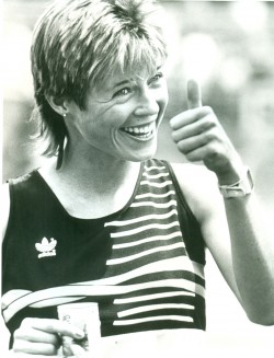 Happiness after one of her road races in the spring of 1990. © Uta Pippig and Take The Magic Step