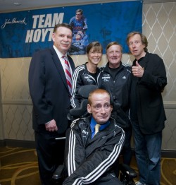 Jim Boyle, President of John Hancock Financial Services, together with Uta, Dick, Bill Rodgers, and Rick. © Courtesy of Team Hoyt