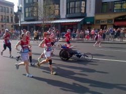 Dick, Rick, and the Team in the home stretch coming down Boylston Street. © Courtesy of Team Hoyt