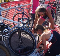 Together with Donna Phelan, "Dieselchen," explaining the T1 of my first Tri. © Take The Magic Step®