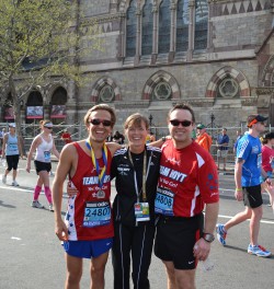 Corey Hanrahan, Uta, and Bryan Lyons at the finish in Boston. © Corey Hanrahan