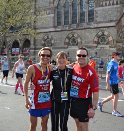 Corey Hanrahan, Uta, and Bryan Lyons at the finish in Boston. © Corey Hanrahan