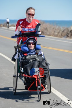 Bryan Lyons and Rick Hoyt at around 14 miles in their last race before Boston. © Liz Cardoso, Global Click Photography