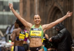 The beaming British World heptathlon champion, Jessica Ennis, ran to second place in the women’s 150m race. © Great CityGames/Pete Langdown