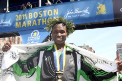 Geoffrey was overjoyed after his magnificent success at the 2011 Boston Marathon. © www.photorun.net