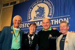Left to right: Alvaro Mejia, Uta Pippig, Robert de Castella, and Ron Hill at the “Breakfast of Champions” during the Boston Marathon weekend. © www.photorun.net Left to right: Alvaro Mejia, Uta Pippig, Robert de Castella, and Ron Hill at the “Breakfast of Champions” during the Boston Marathon weekend. © www.photorun.net