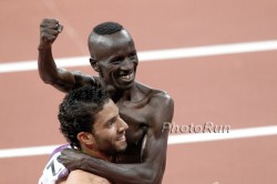 Ezekiel Kemboi and Mahiedine Mekhissi-Benabbad are celebrating after winning Gold and Silver in the 3,000m steeplechase. © www.PhotoRun.net